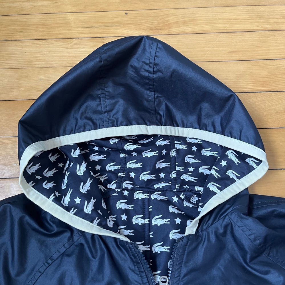 Lacoste Reversible Hooded Windbreaker Jacket Navy Blue Logo Star Print Mens S - Picture 3 of 9